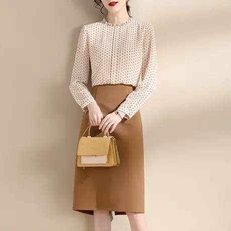 水墨青华秋装新品时尚假两件套装优雅修身印花长袖拼接连衣裙图片