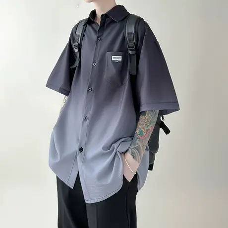 渐变色衬衫男短袖夏季凉感冰丝衬衣外套oversize肌理感褶皱上衣服商品大图