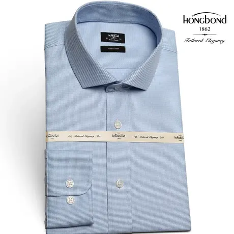 红邦创衣 2023秋冬时尚千鸟格蓝衬衫修身商务衬衣男长袖衬衫上班商品大图