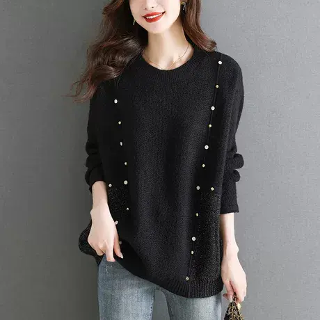 2024春季新款毛衣女黑色烫钻胖mm宽松显瘦针织衫大码女装时尚上衣图片