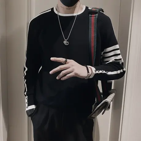 毛衣男秋冬2023新款拼色条纹线衣韩版轻熟休闲套头打底针织衫上衣图片