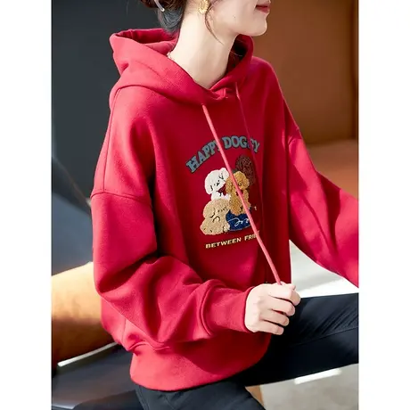 宝诗黎连帽字母刺绣加绒短款卫衣女秋冬落肩长袖套头上衣2023新款商品大图