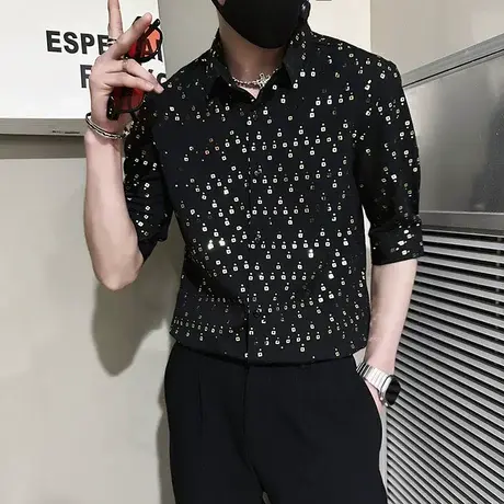 夏季潮牌男短袖衬衫夜店个性时尚亮片设计潮男痞帅发型师中袖衬衣商品大图