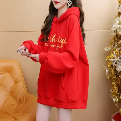 加绒加厚红色连帽卫衣外套女2024新款春季爆款洋气宽松设计感上衣商品大图