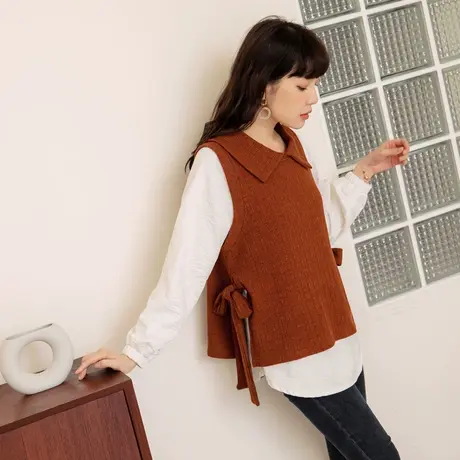 桔熊秋冬季假两件套上衣磨毛绑带背心拼接白色衬衫女大码AB14521商品大图