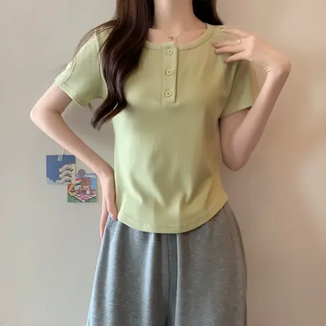 纯欲风半开领纽扣短袖t恤女小个子2023夏季新款韩版修身半袖上衣商品大图