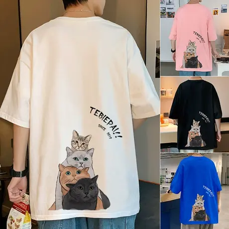 夏季短袖t恤男ins潮牌猫咪印花纯棉衣服男女宽松港风国潮半袖体恤图片