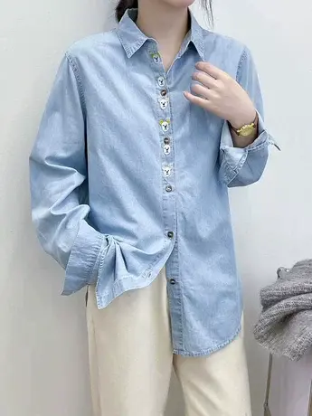 牛仔衬衫女装长袖上衣春秋新款叠穿复古刺绣浅蓝百搭衬衣外套ins商品大图