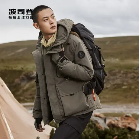 波司登奥莱男装工装派克服抽绳连帽设计宽松防风保暖大口袋羽绒服图片