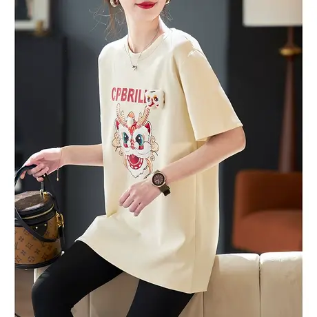 宝诗黎圆领亮片印花短袖T恤女2024春季国潮龙年棉质休闲百搭上衣商品大图