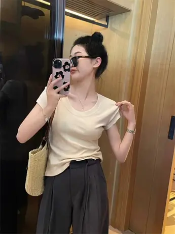 纯棉白色正肩t恤女短袖夏季2024新款修身百搭纯色u领打底体恤上衣商品大图