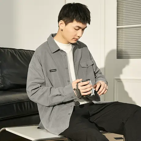 唐狮春秋季纯色衬衫男长袖桃皮绒高级感外套休闲百搭宽松衬衣男潮图片