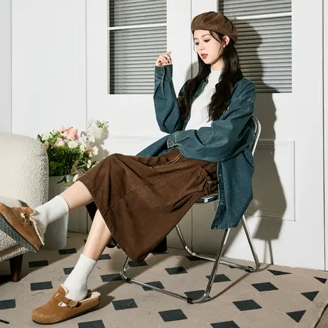 唐狮棕色灯芯绒半身裙a字裙甜美显瘦2024新款女春夏美拉德裙子2.6图片