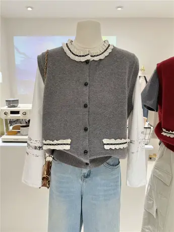花边拼接韩系小众设计感宽松系扣无袖背心马甲坎肩外套内搭叠穿商品大图