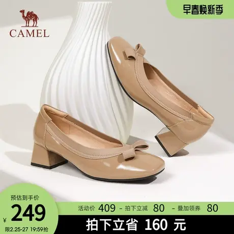 骆驼女鞋2024年春季新款瓢鞋方头浅口粗跟单鞋女蝴蝶结小皮鞋图片