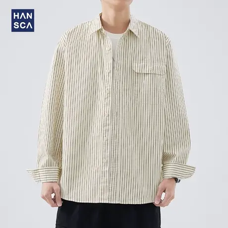 hansca细条纹衬衫男长袖秋季纯棉高级感宽松休闲痞帅翻领衬衣外套商品大图