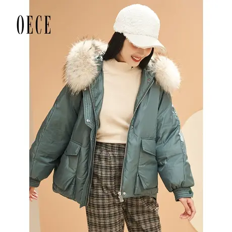 Oece冬季新款女装 甜美大毛领加厚外套连帽羽绒服时尚羽绒衣图片