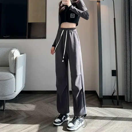 美式灰色运动裤女春秋季新款高腰显瘦束脚两穿直筒休闲阔腿卫裤子图片