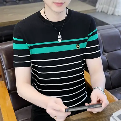 冰丝针织短袖t恤男夏季薄款潮牌潮流条纹半袖体恤青年休闲上衣服商品大图