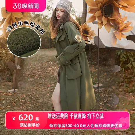 妖精的口袋工装绿色呢子大衣女2022秋冬季新款高级感长款风衣外套图片