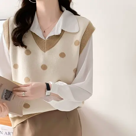 减龄波点V领叠穿针织马甲女秋装2023年宽松显瘦无袖毛线坎肩背心图片
