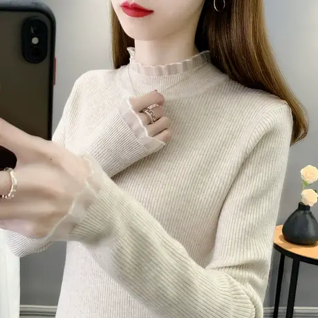 蕾丝打底衫女内搭秋装女2023年新款半高领修身针织上衣显瘦毛衣女商品大图