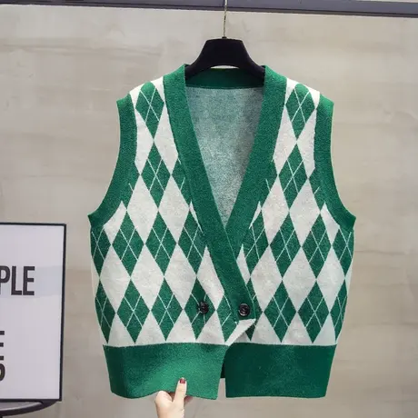 细针菱格针织开衫马甲背心女2023春秋新款宽松外穿马夹毛衣坎肩潮商品大图