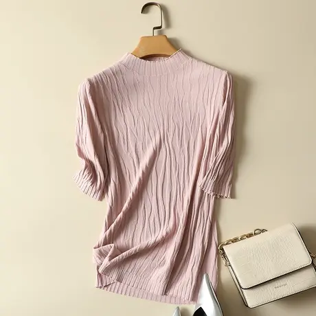 半高领打底衫冰丝T恤女短袖宽松百搭春夏装新款薄针织衫女上衣潮商品大图