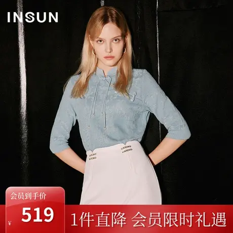 [国风系列]恩裳COVER2023年秋装新款新中式欧根纱提花曲珠针织衫商品大图