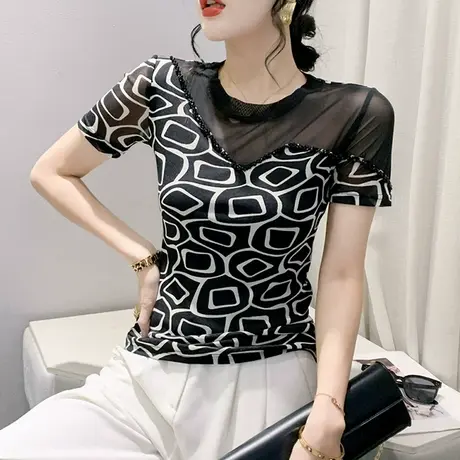 性感网纱拼接T恤女短袖时尚洋气修身小衫设计感小众印花上衣别致商品大图