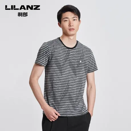 利郎 短袖T恤男夏季条纹提花设计圆领修身微弹短T男图片