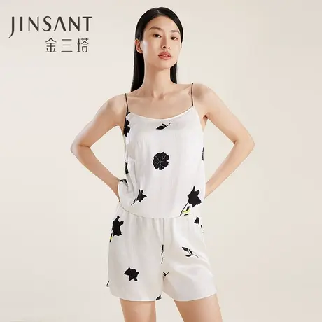 真丝珍珠缎】100%桑蚕丝女印花时尚不易皱吊带衣裤套春夏金三塔图片