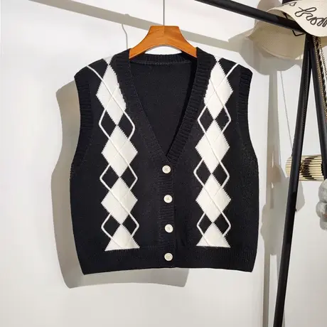针织马甲开衫女春秋新款v领复古菱形格无袖坎肩毛衣背心上衣外套商品大图