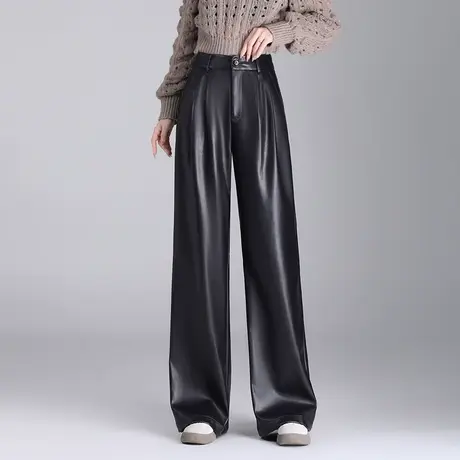 黑色拖地PU皮裤阔腿裤女秋冬季2023新款高腰韩版宽松长裤休闲裤子商品大图