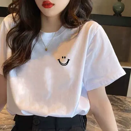 短袖T恤女学生纯棉半袖2023夏季新款体恤可爱笑脸设计感小众上衣商品大图