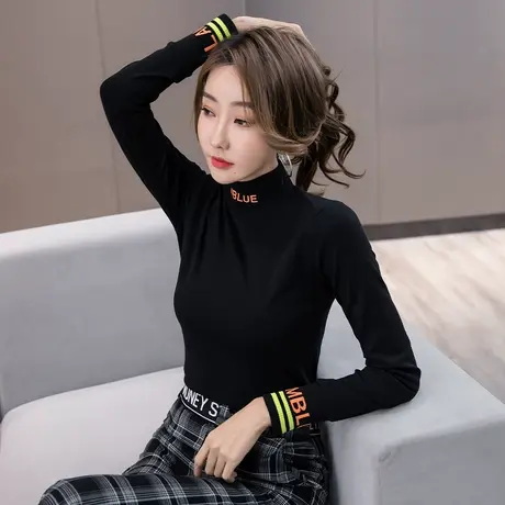黑色半高领打底衫女秋冬2023新款韩版修身内搭字母长袖洋气上衣潮商品大图