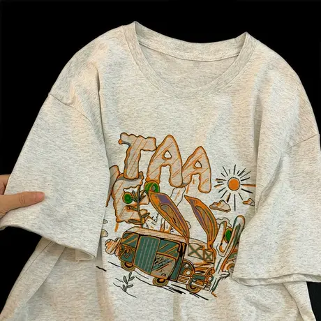 高级感纯棉灰色短袖t恤女夏季2023新款宽松美式复古oversize上衣商品大图