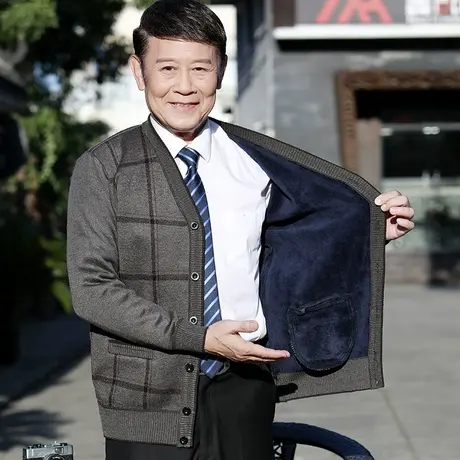 老头开衫毛衣中年人男士针织对襟上衣服加绒加厚爷爷秋冬季爸爸装商品大图