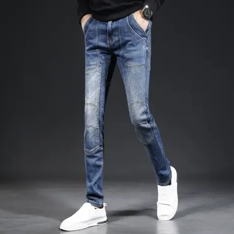 秋季牛仔裤男2023新款蓝色拼接修身小脚男士弹力裤子时尚潮流百搭商品大图