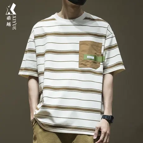 夏季日系条纹短袖t恤男240g重磅ins设计感大码宽松休闲男生体恤衫商品大图