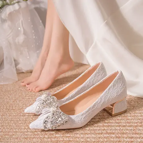 粗跟法式婚鞋女禾秀主婚纱两穿2023年新款水钻新娘伴娘水晶订婚鞋商品大图