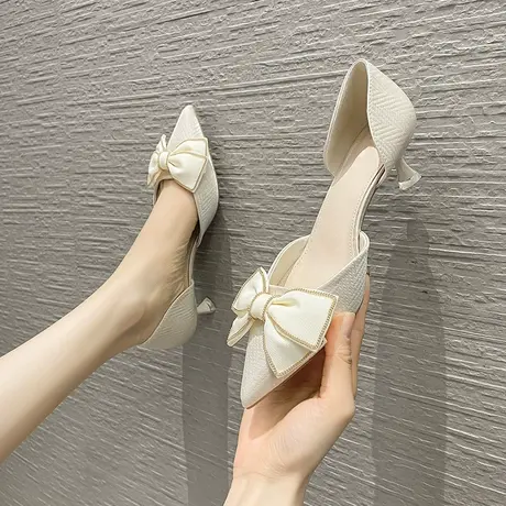 尖头气质单鞋女细跟2023春季新款法式设计感中空百搭蝴蝶结高跟鞋商品大图