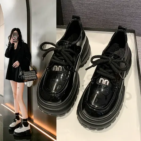 黑色厚底松糕小皮鞋女2024春季复古英伦学院风百搭矮子乐增高单鞋商品大图