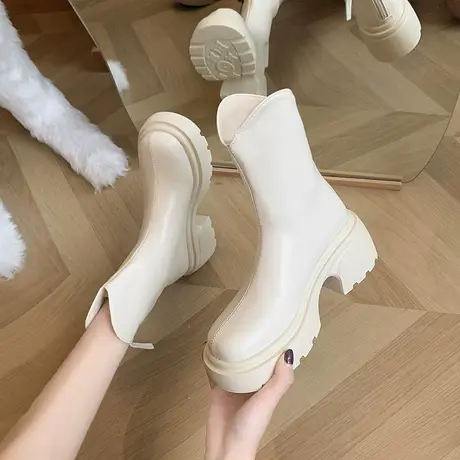 厚底马丁靴女2023年新款夏季设计感小众复古粗跟小个子短筒骑士靴商品大图