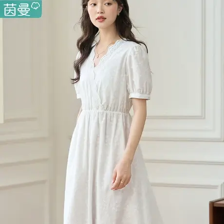 茵曼旗舰店官方法式连衣裙女2023年夏季新款V领泡泡袖小个子中长图片