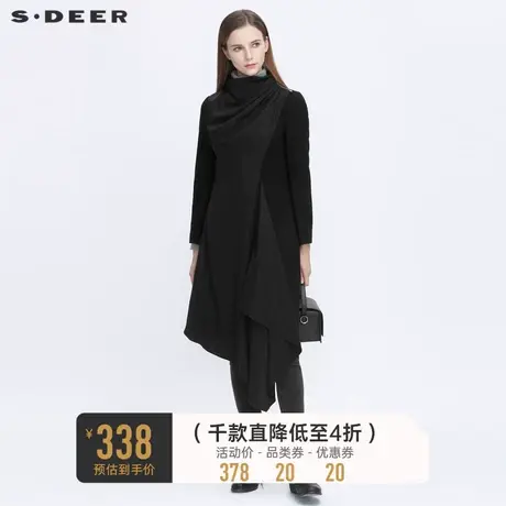 sdeer圣迪奥冬季女装休闲立领拼接不规则黑色毛呢大衣S20481839图片