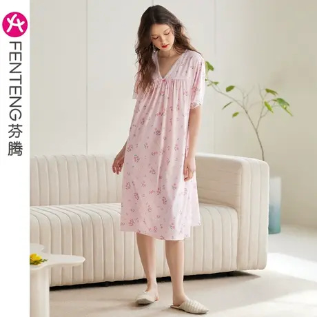 芬腾睡裙女士夏季款短袖薄款抗菌睡衣裙碎花甜美宽松中长裙家居服商品大图