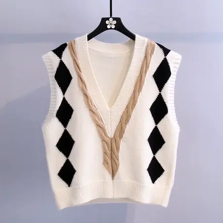 撞色菱格V领马甲背心针织女2023新款秋装复古慵懒风减龄外搭马夹图片