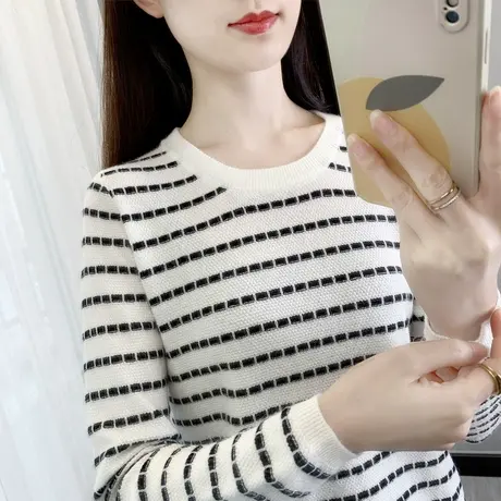 条纹针织衫女春秋季新款圆领毛衣内搭短款上衣长袖百搭薄款打底衫图片