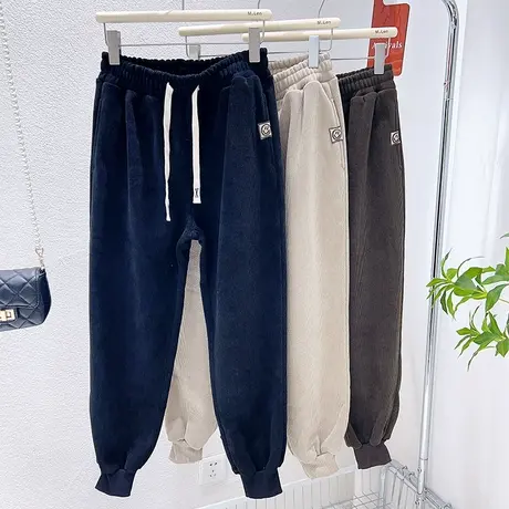 22秋冬季加绒运动裤高腰灯芯绒雪尼尔束脚休闲裤哈伦裤时髦小个子商品大图